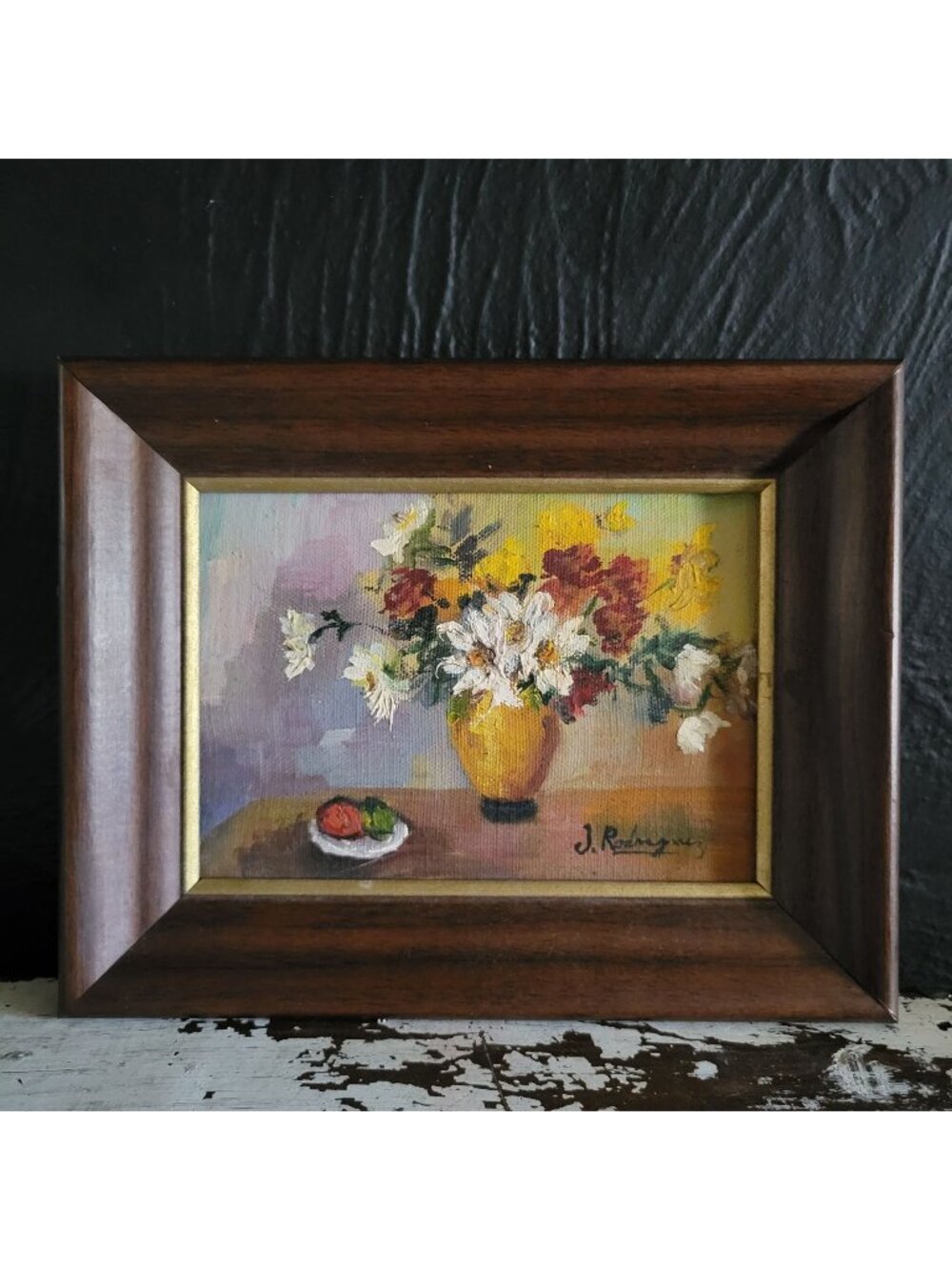 Vintage Framed Oil Painting Of Floral Still Life Signed J. Rodriguez 7" x 9"